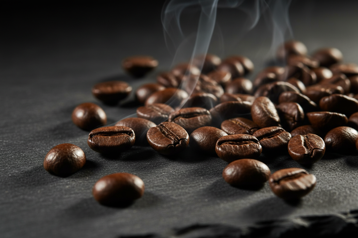 Freshly Roasted Coffee Beans Macro on Dark Slate - Hero