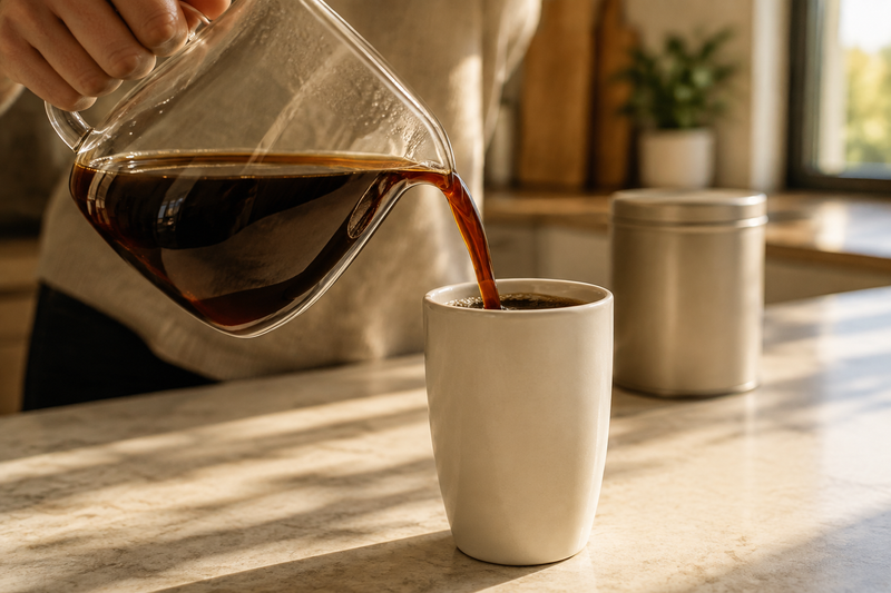 Fresh brewed dark coffee poured into a ceramic cup for a Dubai-chocolate-inspired coffee at home.