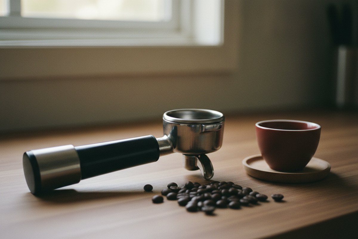 Bottomless portafilter, whole coffee beans and a matte demitasse on walnut, illustrating whether you can use regular coffee beans for espresso.