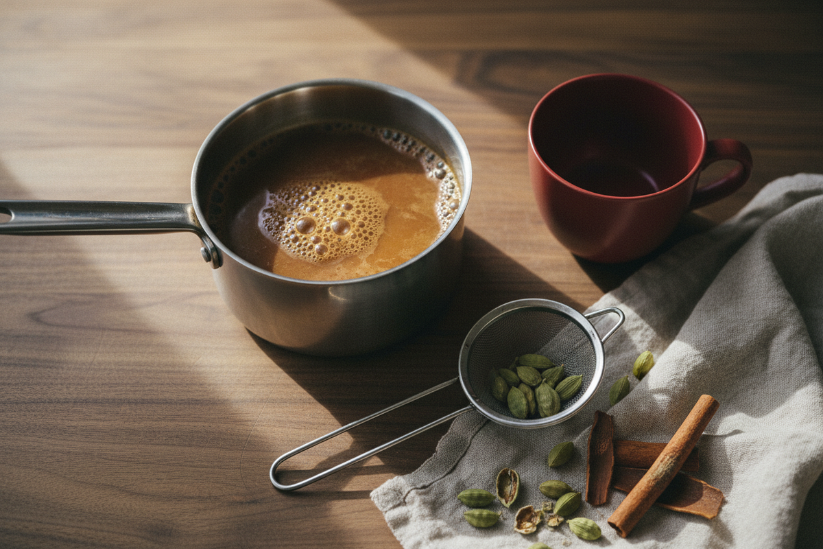 Saucepan of simmering chai with cracked whole spices and a matte ceramic cup, showing how to brew masala chai loose leaf tea.