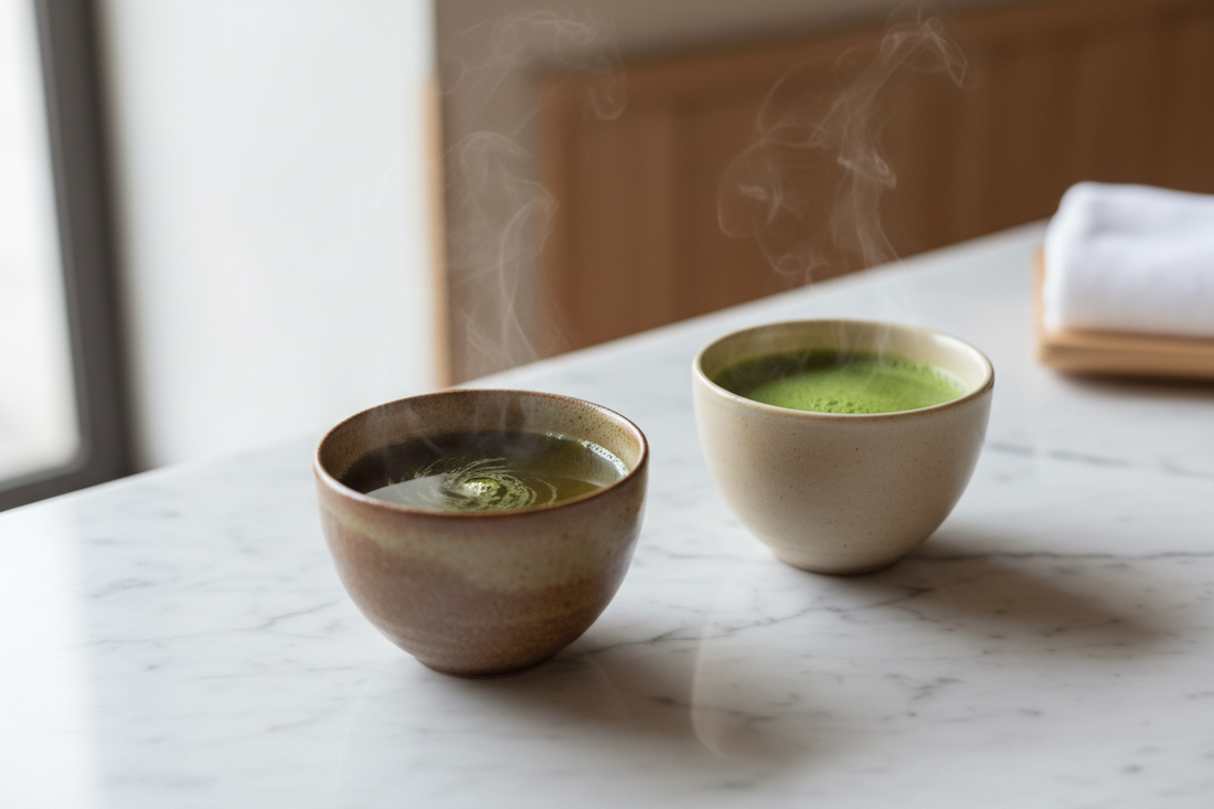 Two ceramic cups side by side — earthy hojicha and vibrant matcha green tea on a marble countertop with soft natural light