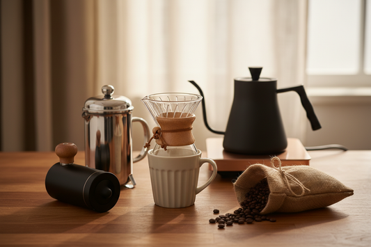 Complete home coffee bar setup with pour-over dripper, French press, hand grinder, gooseneck kettle, and specialty coffee beans on a wood countertop