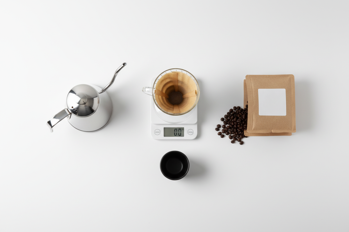 Home Coffee Brewing Setup Overhead Flat Lay - Scale Pour Over Kettle