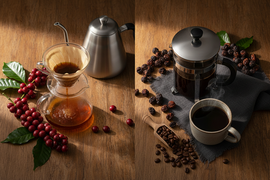 Two specialty coffee setups side by side — a bright pour-over representing Kenya AA and a rich French press representing Ethiopia Natural