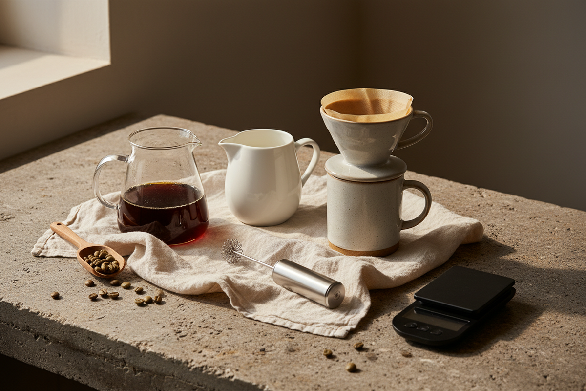 Latte-style coffee at home with concentrated filter coffee, warm milk, a handheld frother, and simple brewing tools.