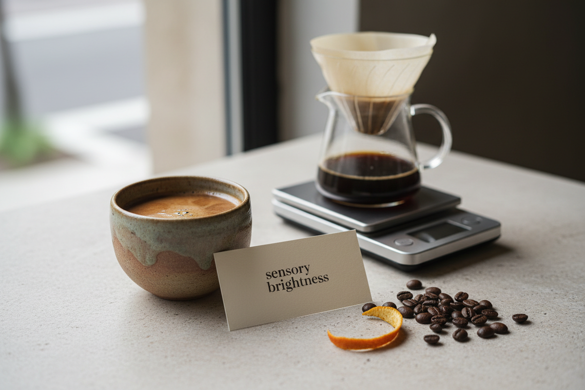 Rounded medium-dark coffee tasting scene with cup, brew scale, filter, beans, and sensory brightness card.