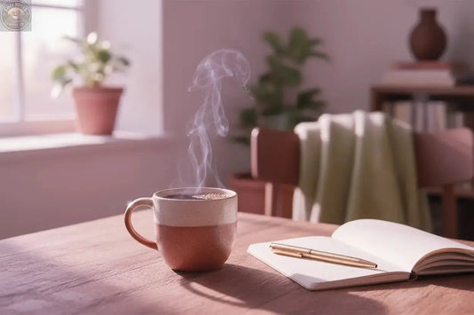 Cozy Notes Coffee Co decaf coffee bag beside a steaming mug on a cozy wooden table — decaffeinated coffee guide covering process, flavor, and benefits