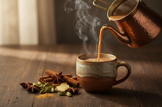 Steam rising from a ceramic cup of masala chai surrounded by cardamom, cinnamon sticks, and star anise on a dark wooden surface