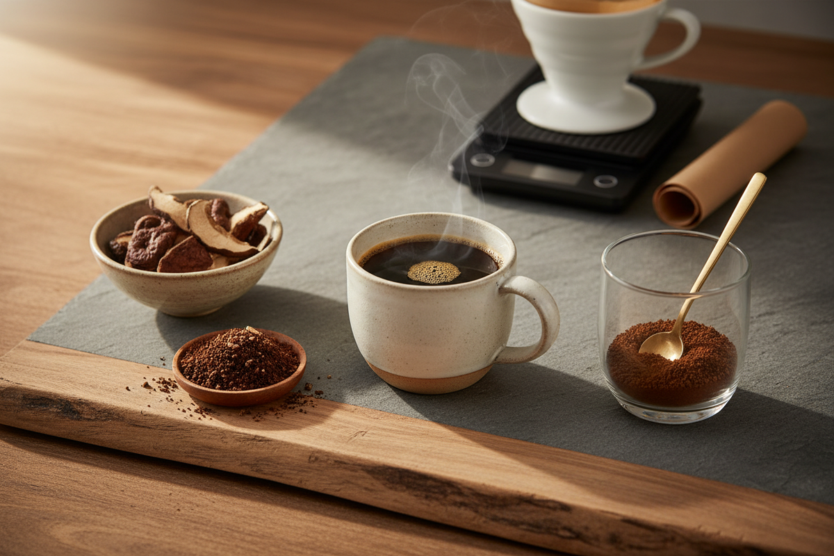 Editorial comparison of mushroom coffee ingredients, measured coffee, brewed cup, and instant coffee format.