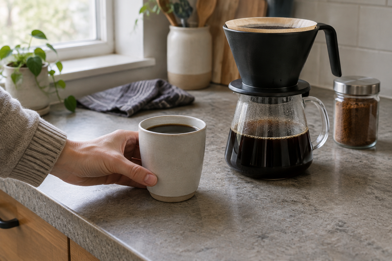 Ground coffee brewed in a drip brewer beside a cup, with instant coffee in a separate jar.