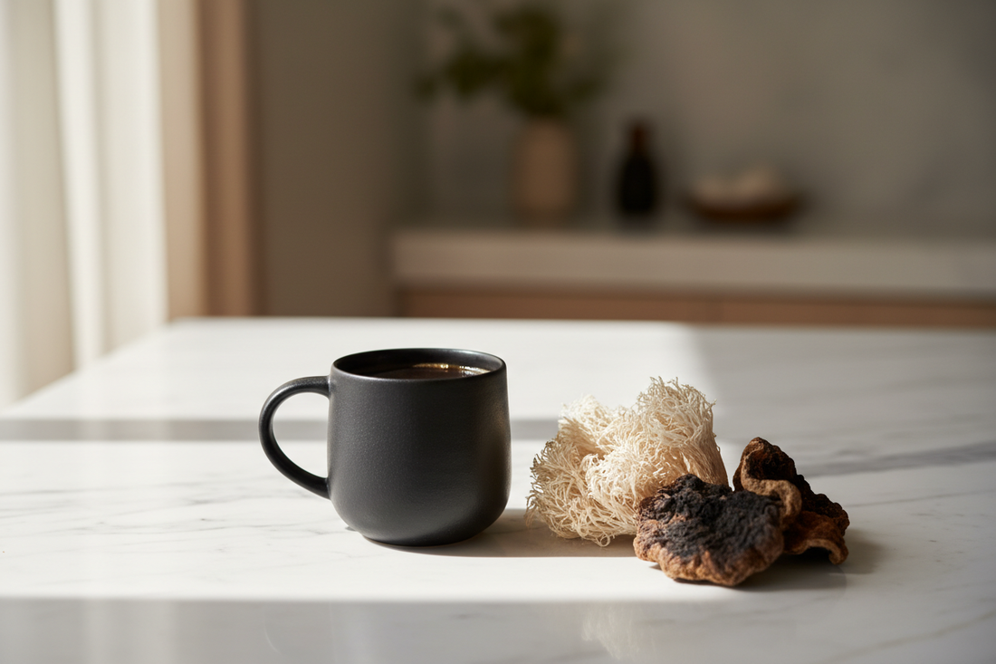 Premium dark ceramic mug of mushroom coffee on white marble with lion's mane and chaga mushrooms, soft natural light