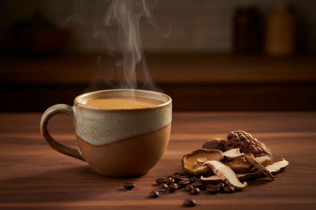 Pouring a hot cup of The Grounded medium roast mushroom coffee highlighting its smooth caramel color and velvety finish