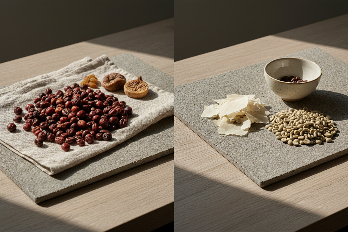Editorial comparison of natural and washed coffee processing with dried coffee fruit, parchment, and green coffee.