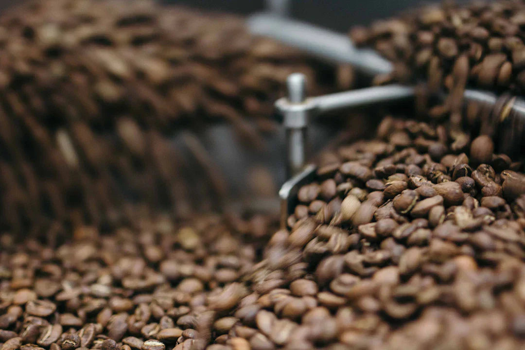Green coffee beans being roasted in a small-batch drum roaster with heat and steam visible — the science of coffee roasting and flavor development