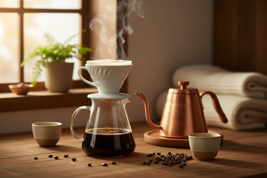 Pour over coffee brewing setup on a cozy wooden kitchen counter with warm morning light and steam rising from a glass carafe