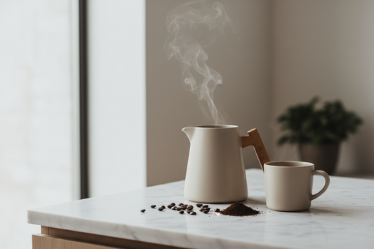 Steaming pour-over coffee cup on a white marble countertop with fresh coffee beans — premium artisanal specialty coffee