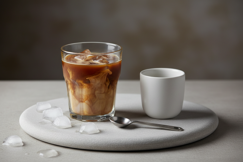 Iced coffee with milk swirling in a clear glass beside a plain ceramic cup and spoon.