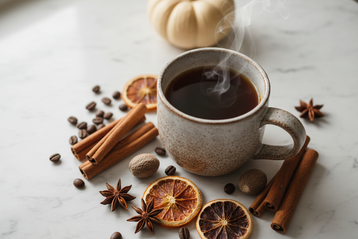 Steaming ceramic mug of pumpkin spice coffee surrounded by cinnamon sticks, star anise, nutmeg, and dried orange slices on white marble