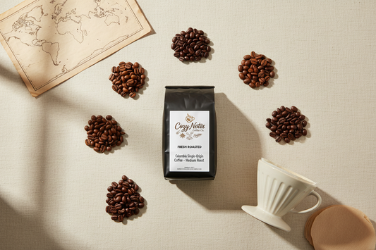 Cozy Notes Coffee Co single-origin coffee bags from 10 origins including Ethiopia, Colombia, Kenya, and Costa Rica arranged on a wooden surface — specialty coffee origin guide