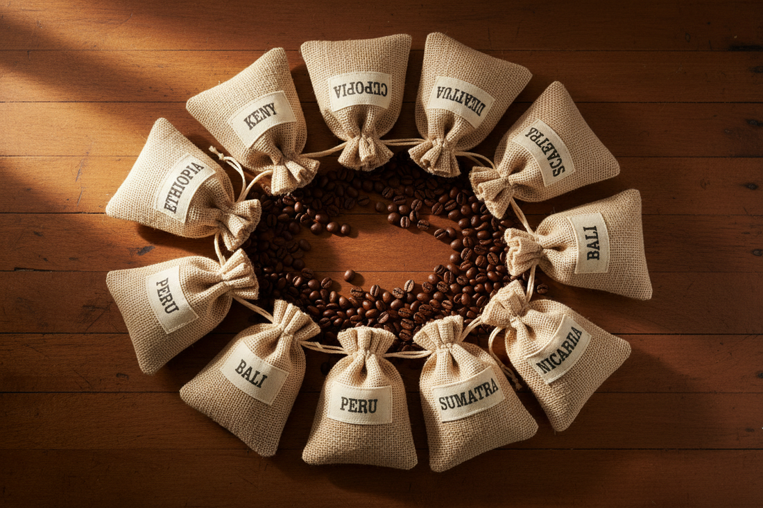 10 specialty coffee origin sample bags arranged on a warm wood surface representing Ethiopia, Kenya, Colombia, Guatemala, Brazil, Peru, Sumatra, Bali, Costa Rica, and Nicaragua