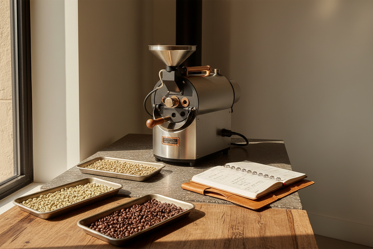 Small-batch coffee roasting workspace with green coffee, roast samples, and tasting notes.