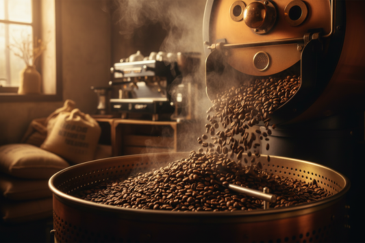 Fresh roasted coffee beans tumbling from a drum roaster into a cooling tray, steam rising, warm amber tones — small-batch artisan coffee roasting