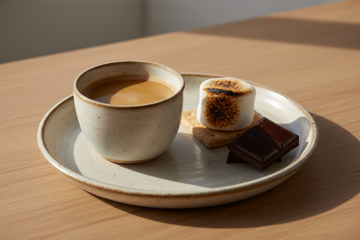 Premium coffee and s’mores pairing with toasted marshmallow, chocolate, and graham cracker.