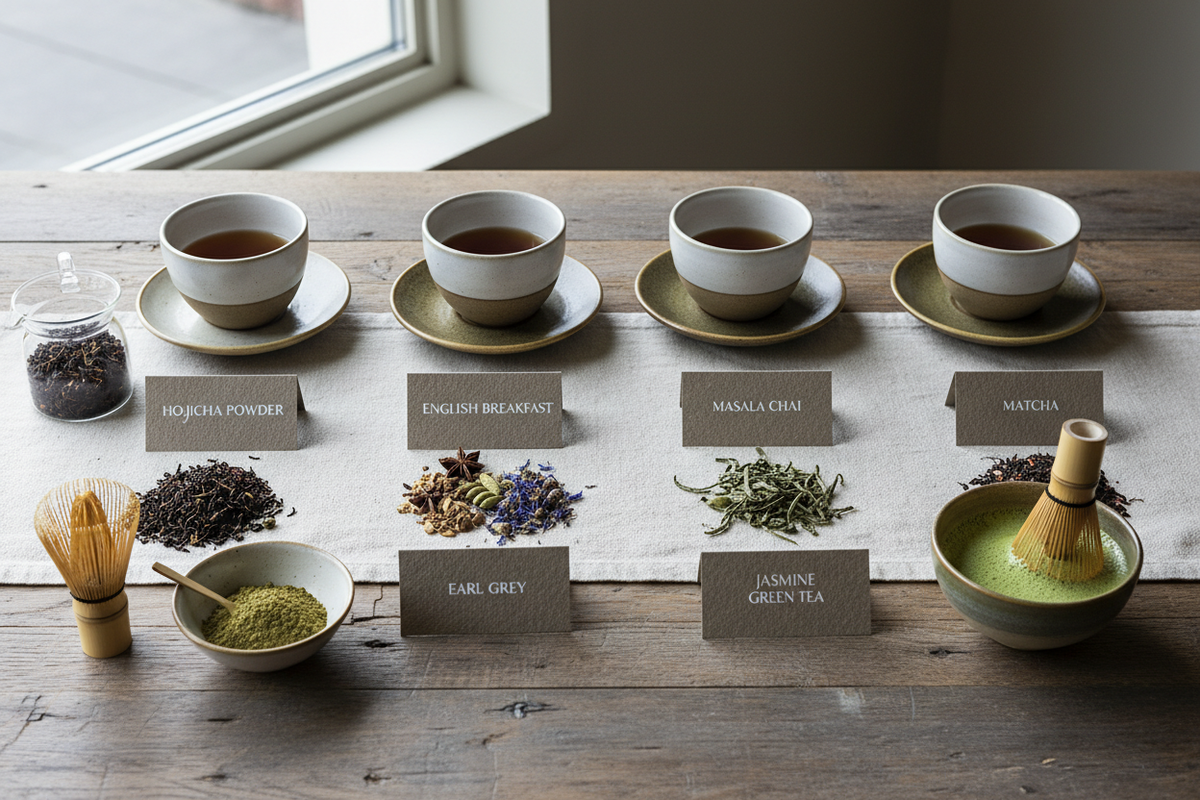 Tea tasting flight for coffee drinkers with hojicha, English Breakfast, masala chai, Earl Grey, jasmine green tea, and matcha.