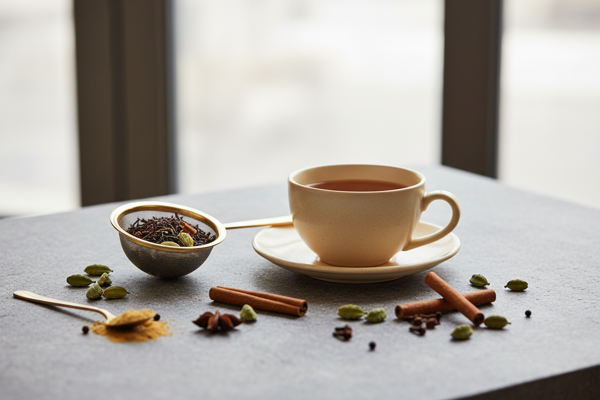 The Bazaar masala chai with loose Assam tea, whole spices, ceramic cup, and brass infuser.