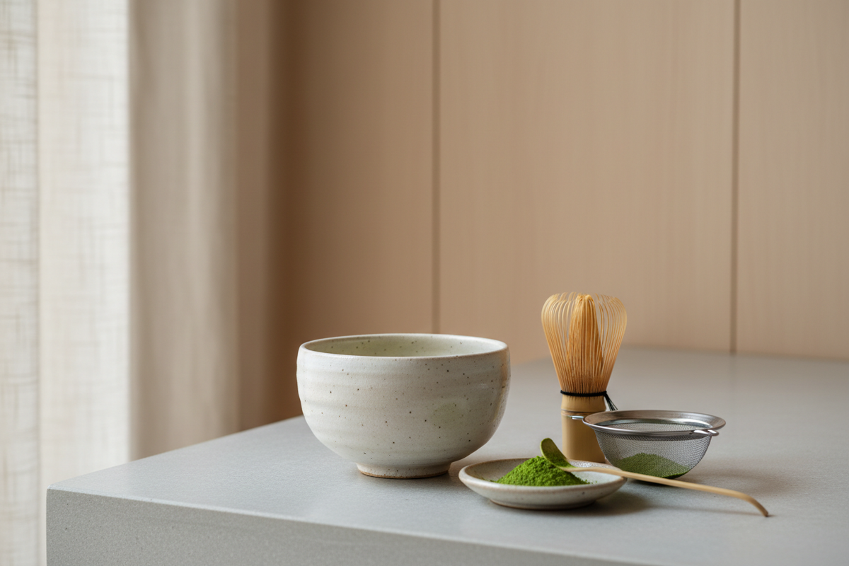The Ceremony Japanese matcha with ceramic bowl, bamboo whisk, sifter, and measured green tea powder.