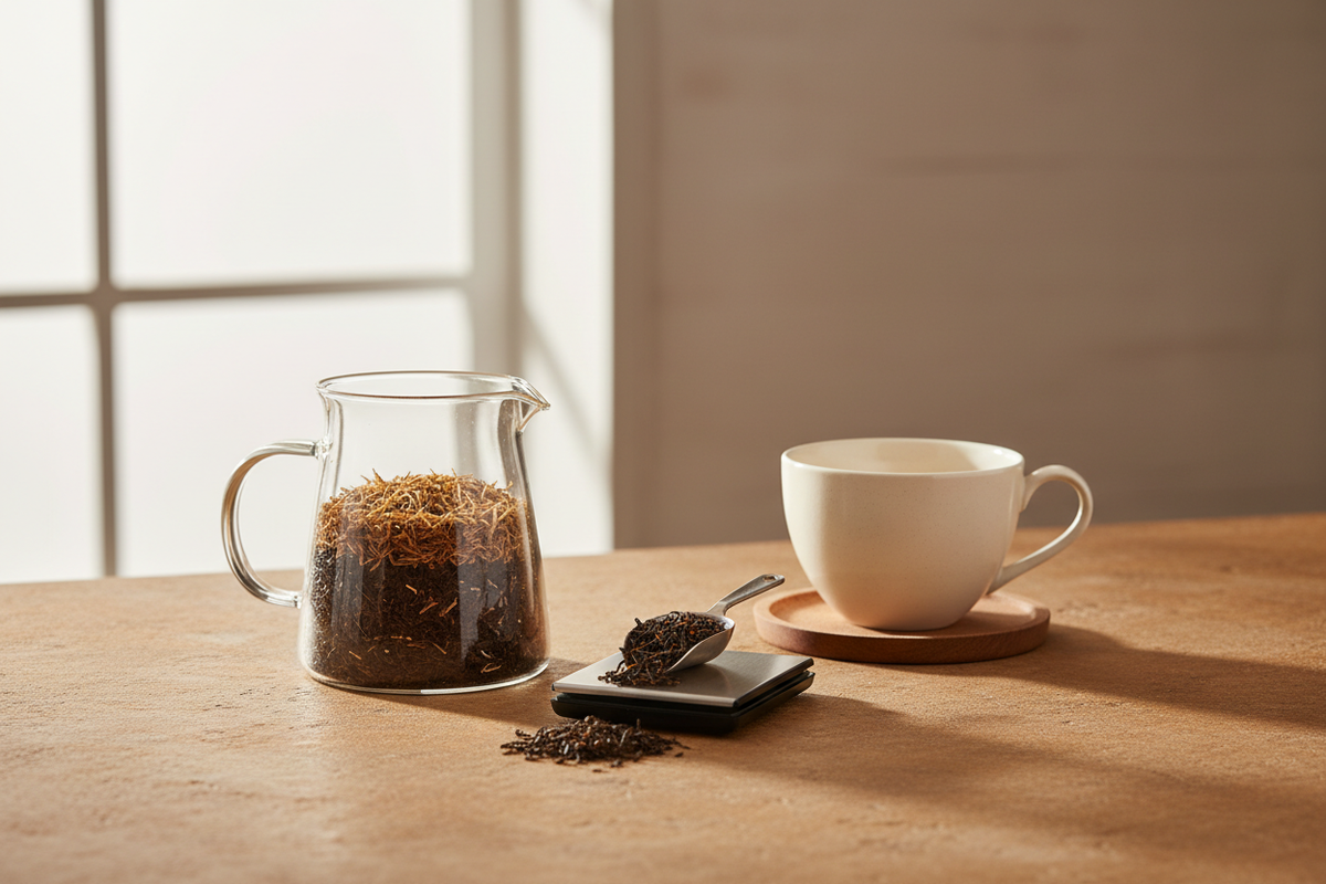 The Ritual English Breakfast tea with loose Assam, Ceylon, and Darjeeling leaves in a clear infuser and ceramic cup.