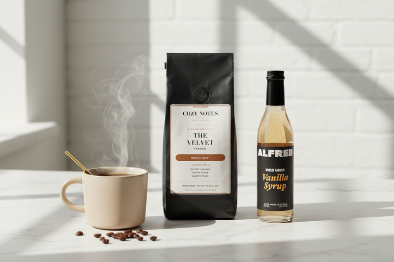 Cozy Notes The Velvet caramel coffee bag beside Alfred World Famous Vanilla Syrup bottle on white marble with a steaming mug — Build Your Coffee Bar collection