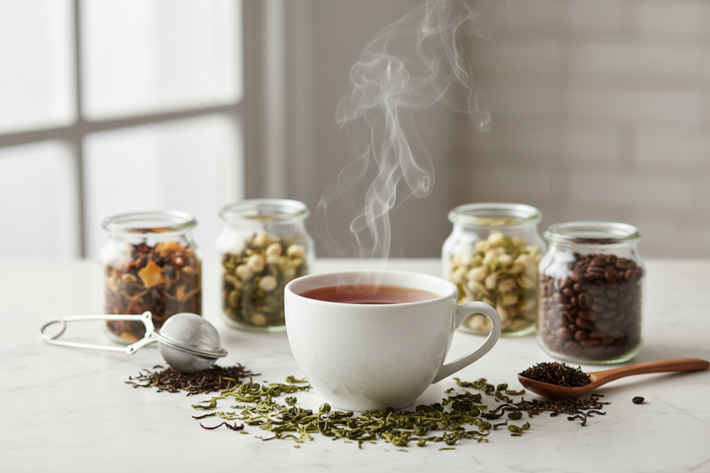 Steaming white ceramic cup of dark amber black tea surrounded by loose tea leaves on marble — Cozy Notes Caffeinated Tea Collection