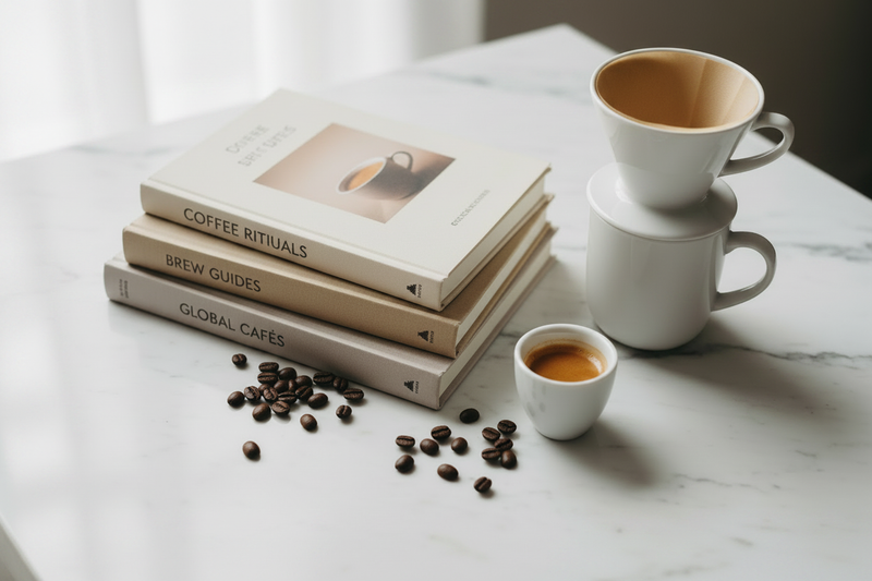 Curated stack of coffee books on white marble with ceramic pour-over dripper, espresso cup, and scattered coffee beans
