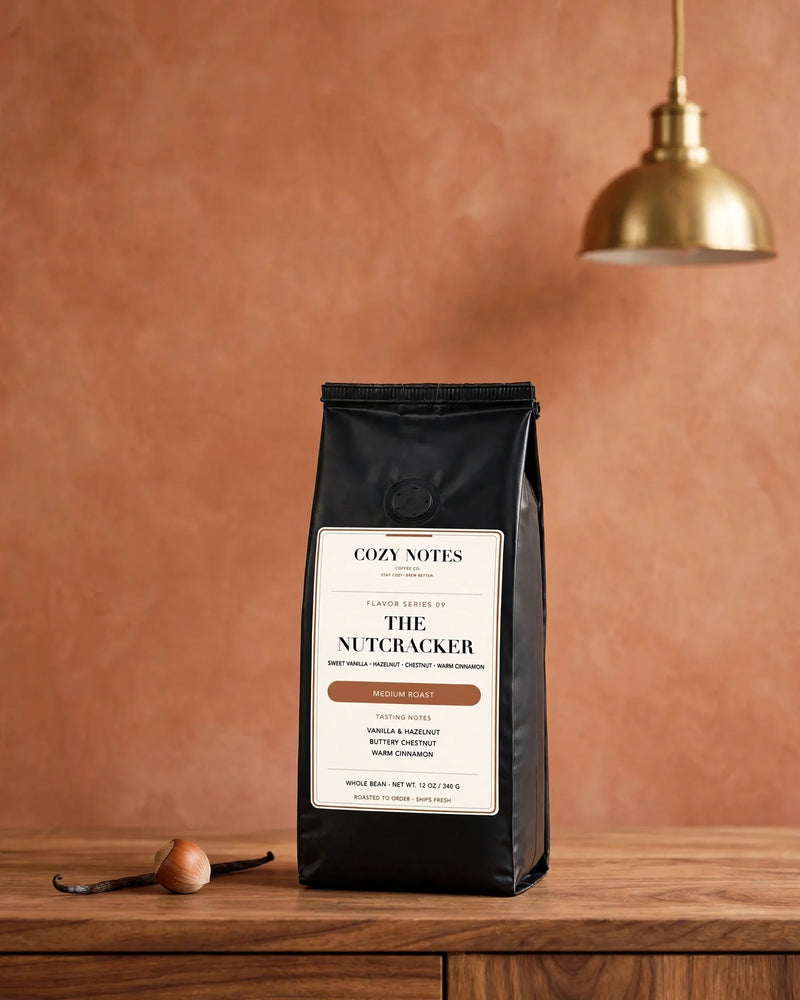 The Nutcracker Bag Sample - Cozy Notes Coffee Small Batch roast flavored coffee, natural. 