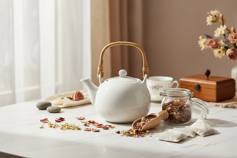 Dried jasmine flowers and rose petals beside a white ceramic teapot on marble — Cozy Notes Floral Tea Collection
