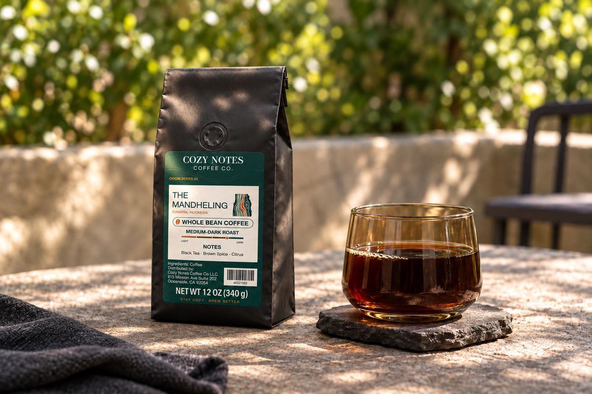 The Mandheling coffee with a glass of black coffee in a sunlit courtyard.