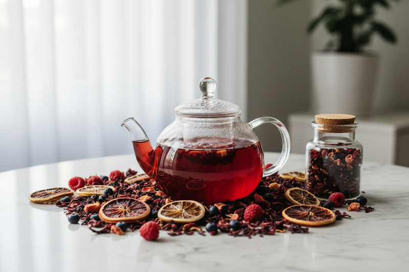 Dried citrus slices, hibiscus petals, and berries beside a glass teapot of ruby tea on marble — Cozy Notes Fruity Tea Collection
