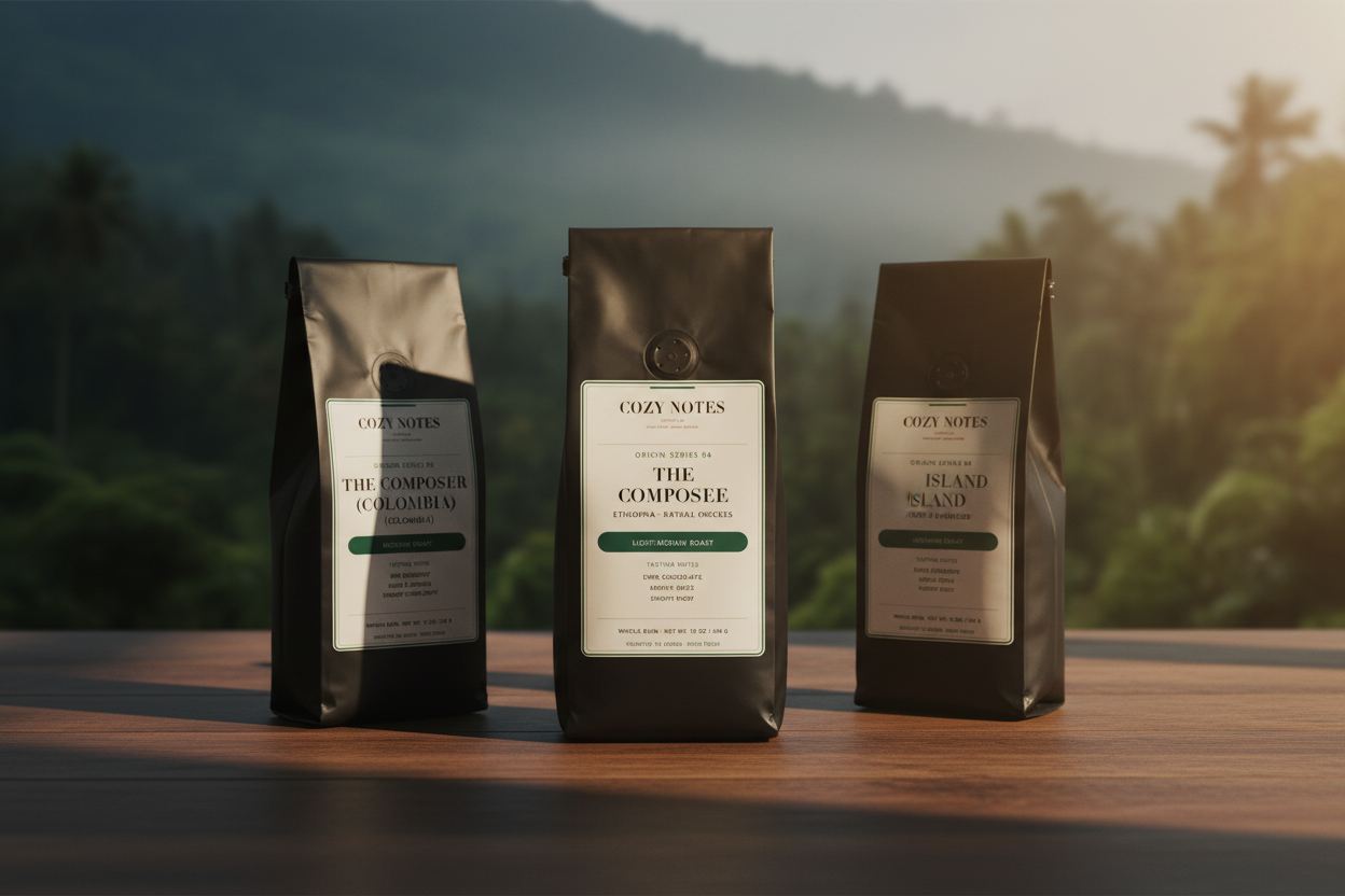 Three Cozy Notes Coffee Co. single origin bags — The Composer, The Bloom Reserve, and The Island — on a dark walnut surface with moody highland atmosphere and warm editorial light