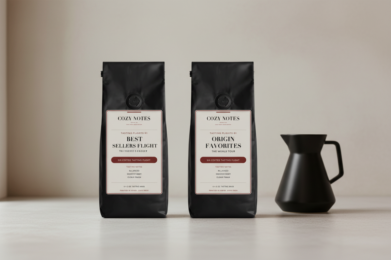Two Cozy Notes Coffee Co. sample pack bags — Best Sellers Flight and Origin Favorites — on a clean marble surface with soft natural light