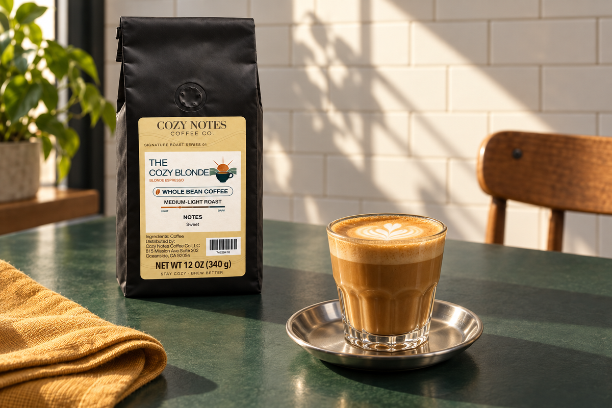 The Cozy Blonde coffee with a cortado on a green café table.