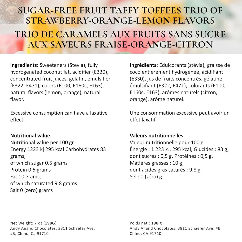 Andy Anand Sugar-Free European Fruit Taffy Toffees, 35 pc, 7 oz – Strawberry, Orange & Lemon, Gluten-Free, Diabetic-Friendly Gift Box Andyanand