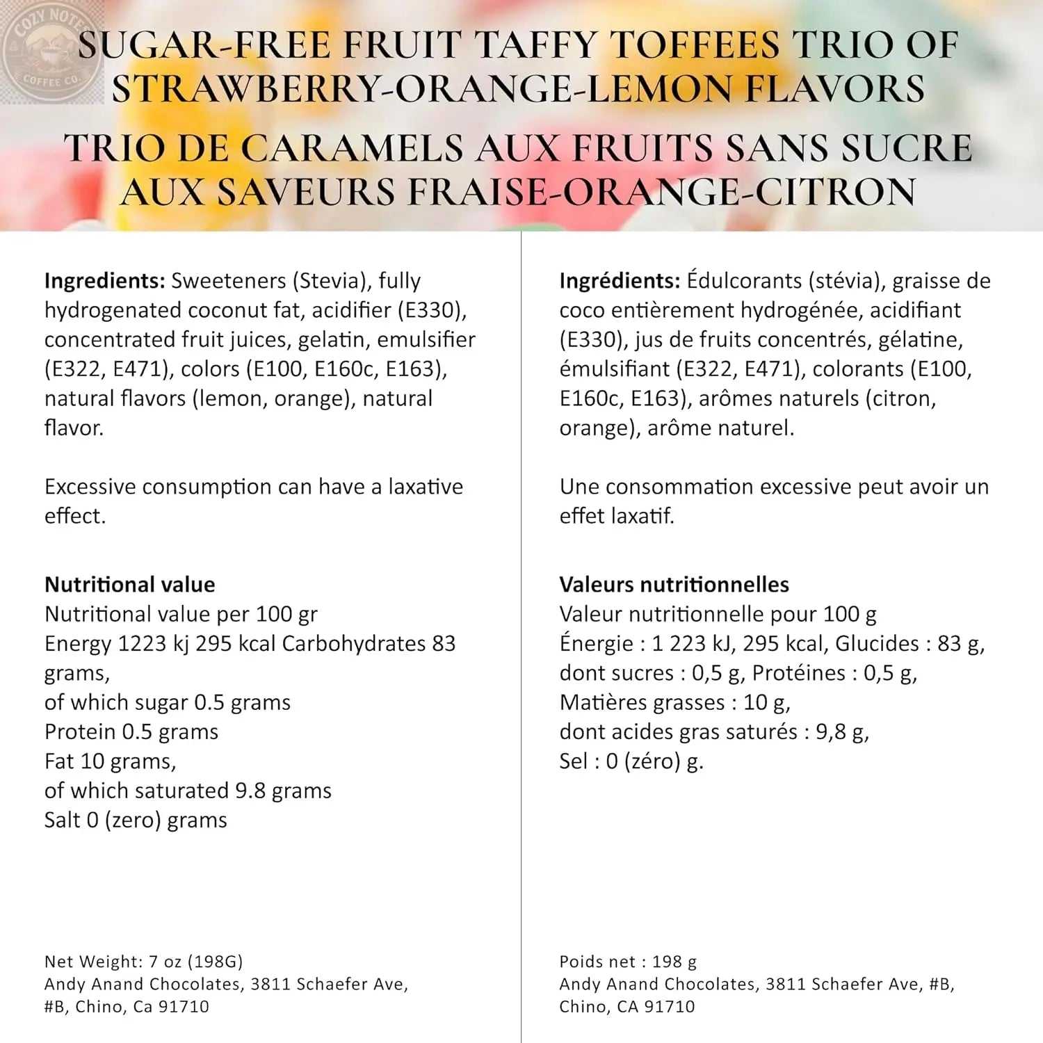 Andy Anand Sugar-Free European Fruit Taffy Toffees, 35 pc, 7 oz – Strawberry, Orange & Lemon, Gluten-Free, Diabetic-Friendly Gift Box Andyanand