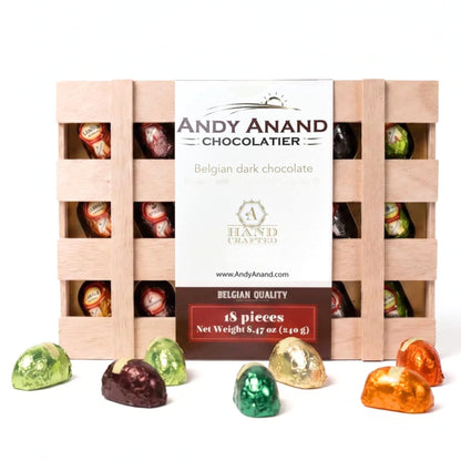 Andy Anand European Vegan Dark Chocolate Cocktail Bottles, 18 pc – Non-Alcoholic, Wooden Gift Box, 60% Cacao, Birthday & Holiday Gift