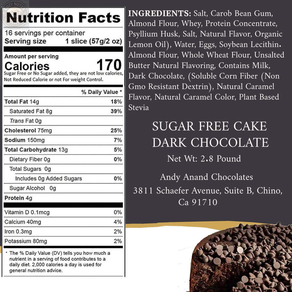 Andy Anand Sugar-Free Gluten-Free Chocolate Chip Cake, 2.8 lb – Dark Chocolate Chips, Keto & Diabetic-Friendly, No Preservatives Gift Box Andyanand