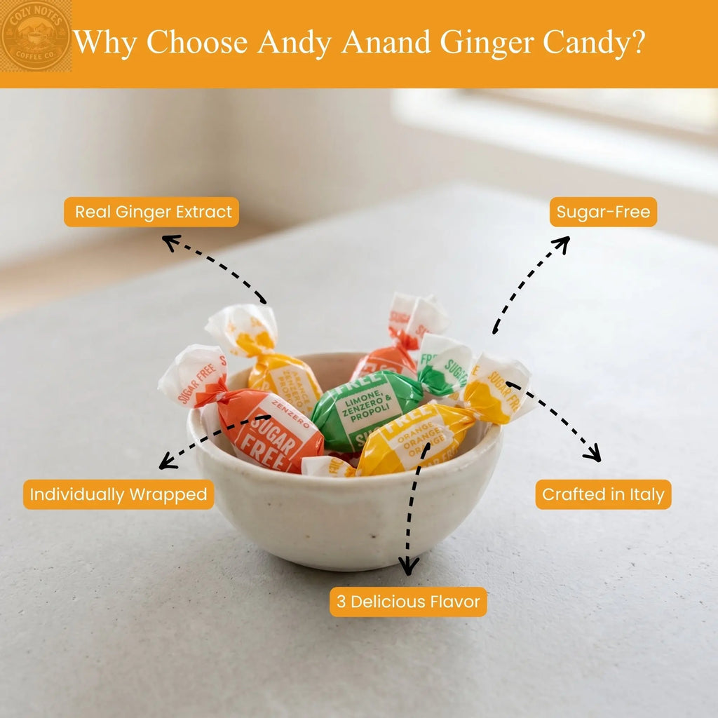 Andy Anand Sugar-Free Ginger Candy, 55 pc, 7 oz – Orange, Mango & Lemon Flavors, Made in Italy, Imported Keto & Diabetic-Friendly Gift Box Andyanand
