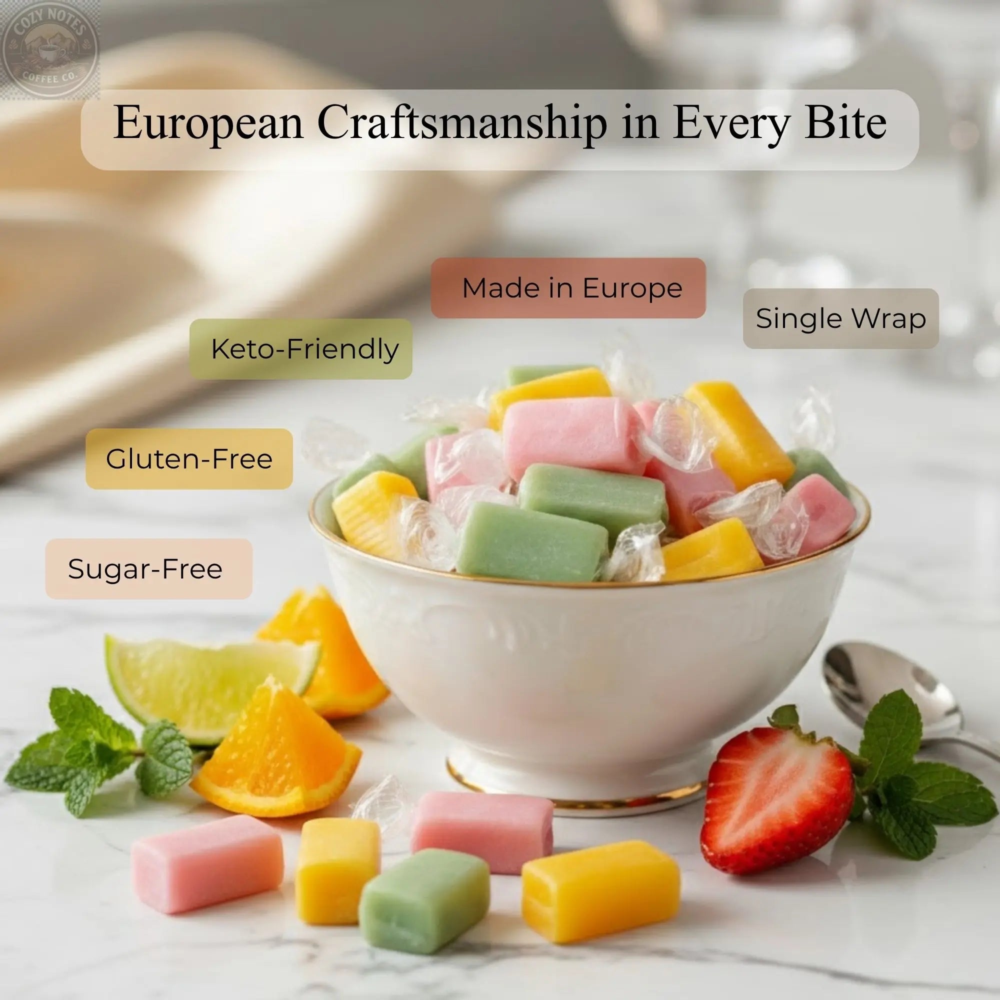 Andy Anand Sugar-Free European Fruit Taffy Toffees, 35 pc, 7 oz – Strawberry, Orange & Lemon, Gluten-Free, Diabetic-Friendly Gift Box Andyanand