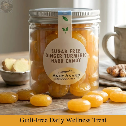 Andy Anand Sugar-Free European Ginger Turmeric Hard Candy, 50 pc, 7 oz – Vegan, Keto, Low-Calorie, Diabetic-Friendly Gourmet Gift Box Andyanand