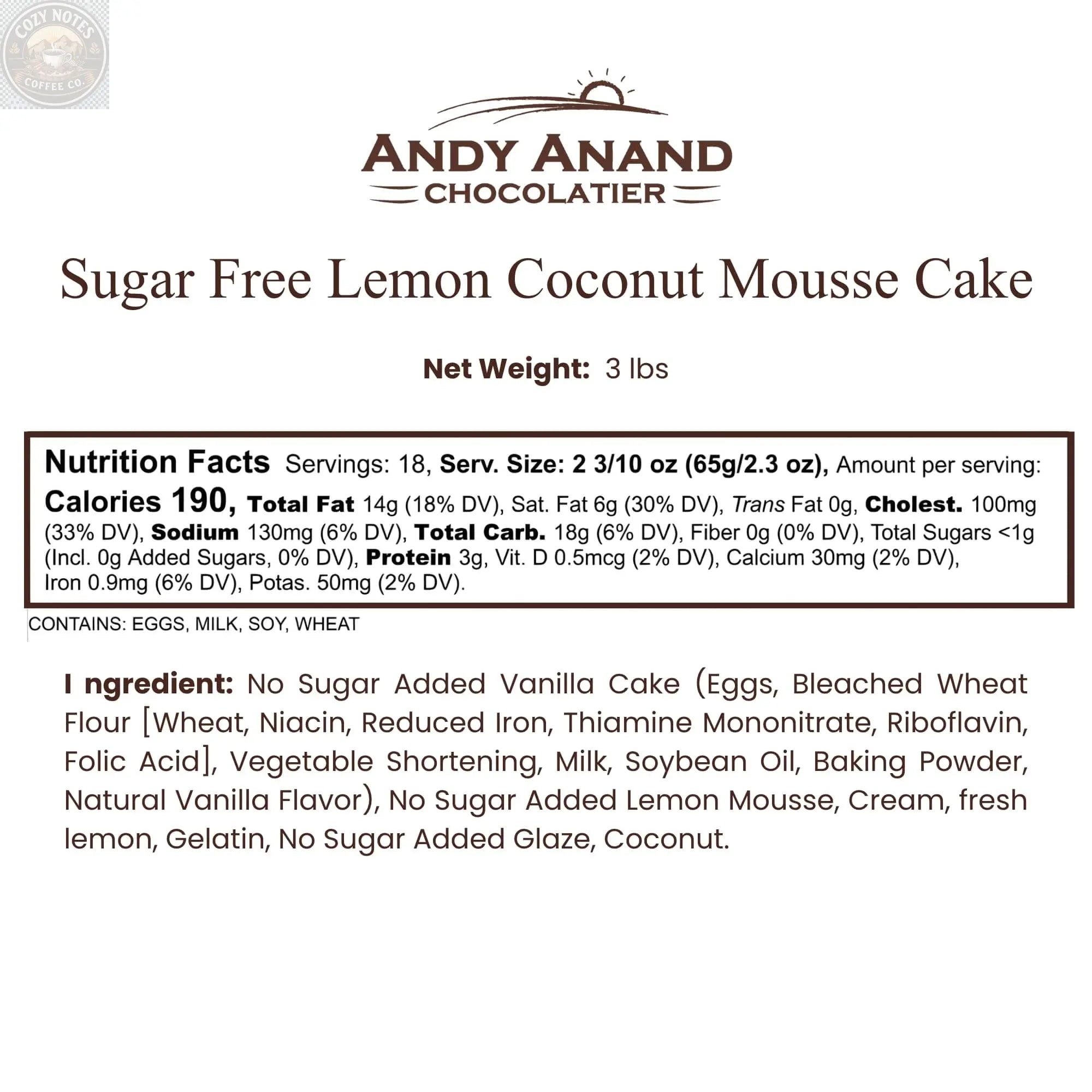 Andy Anand Sugar-Free Lemon Coconut Cheesecake, 9-Inch, 2.9 lb – Keto, Bright Citrus & Toasted Coconut, Diabetic-Friendly Birthday Gift Andyanand