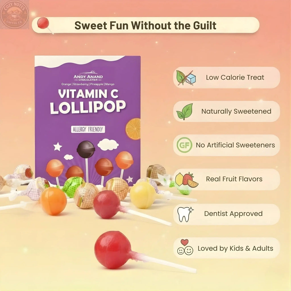 Andy Anand Sugar-Free Vitamin C Lollipops, 29 ct, 8.8 oz – Real Fruit Juice, Keto, Kids Immune Support, Birthday & Holiday Gift Box Andyanand